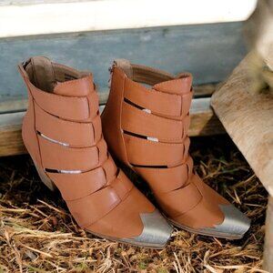 Beast Fashion Brown Cutout Ankle Booties W Silver Toe Cap & Stacked Heel Design